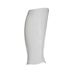 May include: A tall, curved, white glass beer or beverage glass. The glass has a smooth, glossy finish and a unique, elongated shape. The glass is designed to hold a generous serving of a cold beverage.