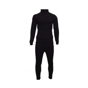 May include: A black thermal underwear set, comprising a long-sleeved top with a roll neck and matching trousers. The set is made of a ribbed fabric, designed for warmth and comfort. The clothing is displayed against a white background.