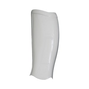 May include: A white, curved plastic shin guard with a glossy finish. The guard is designed to protect the lower leg and has a contoured shape for a comfortable fit. It is a single piece and appears to be new.