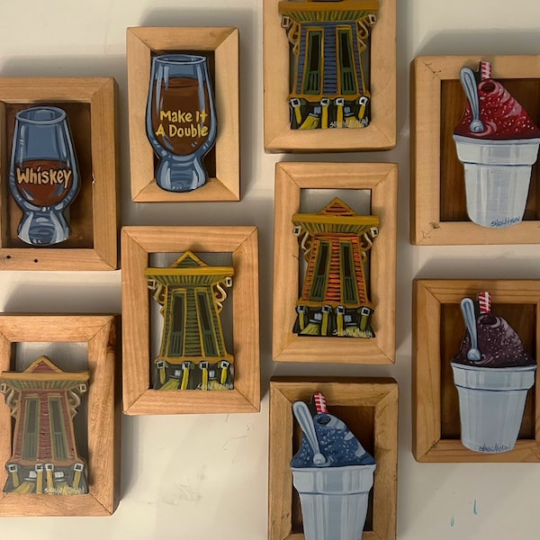 Cutout Paintings on Reclaimed wood Bases - Snowballs, Shotgun Houses and Bourbon Glencarrin Glasses