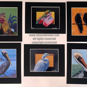 May include: Six framed art prints featuring colorful paintings of various birds. The prints include a rooster wearing a crown and beads, a pink flamingo, two black crows, a white egret, and two brown pelicans.