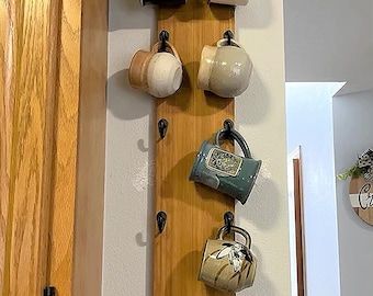 Vertical 10 hook mug rack, coffee bar ideas, vertical mug rack, mug holder, Starbucks mug rack, mug hooks, compact wall mount mug rack
