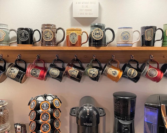 10+ cup coffee mug holder|Starbucks mug rack|Plant Shelf|Custom Mug Rack|mug rack with 4"or 5" shelf|Coffee Bar Mug Racks|leash holder