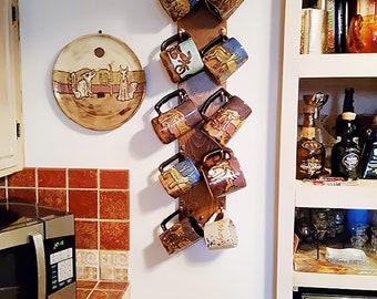 Vertical 10 hook mug rack, coffee bar ideas, vertical mug rack, mug holder, Starbucks mug rack, mug hooks, wall mount mug rack compact