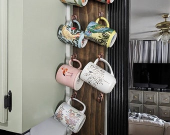 Vertical 10 or 12 hook mug rack, coffee bar ideas, vertical mug rack, mug holder, Starbucks mug rack, mug hooks, wall mount mug rack compact