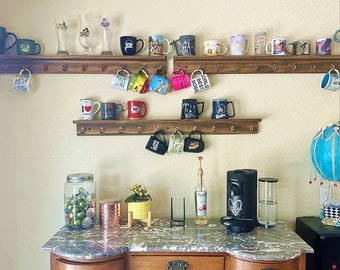 20 cup Coffee Mug Rack with 4" or 5" shelf|Farmhouse Kitchen Mug Rack|Customizable Mug Rack|Coffee Bar Mug Rack|rustic mug rack|Mug Display