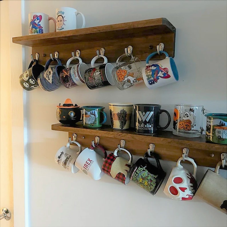 6 Cup Mug Rack With Shelf Mug Rack Wall Mounted Coffee Bar Etsy