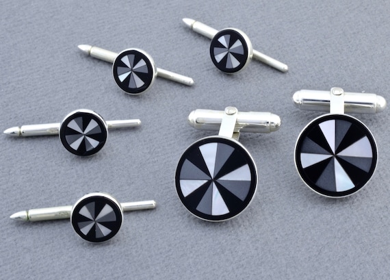 Sterling silver mother of pearl /& onyx striped Cufflinks Shirt Dress Studs Gift Set
