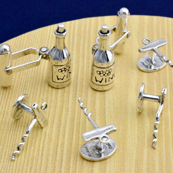 Sterling Wine Bottles Cufflinks & cork screw studs #Cuff link #Martha's Vineyard  #tuxstuds #shirtstuds #wine