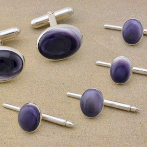 Sterling Silver Wampum Cufflinks and Tux Studs Set (18x13mm, 8x10mm)