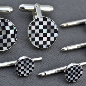 Cuff links & Tuxedo Studs. Onyx and mother of pearl in sterling. Checker cufflinks