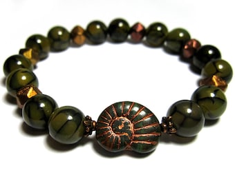 Polished Olive Fire Agate, Faceted Coppery Fired Czech Glass, Dark Green and Copper Czech Glass Nautilus Shell. Roll On Bracelet.