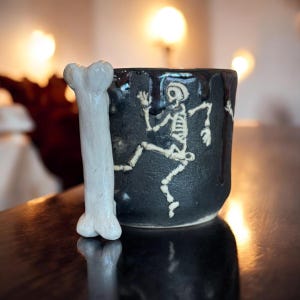 Dancing Skeleton Ceramic Mug – 16oz | Handmade Halloween Coffee Mug, Gothic Pottery, Spooky Gift