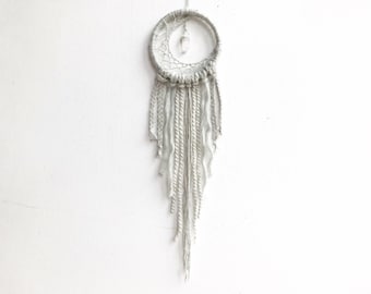 Small Light Grey Crescent Moon Dream Catcher, With Crystal, Bedroom Wall Hanging