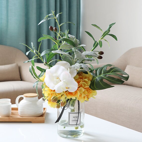 Flower Vase Set Yellow Hydrangea White Orchid And Greenery In Etsy