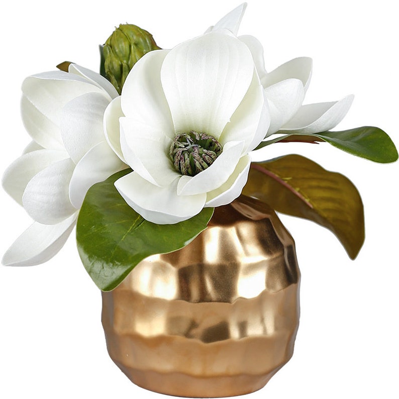 Artificial Magnolia Flower in Ceramic Gold Vase 8.6 Tall Etsy