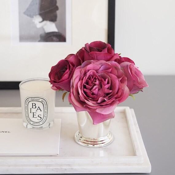 Fleur Rose En Soie Rose Arrangement Mixte Rose Dans Un Vase En Métal Argenté 8 Haut
