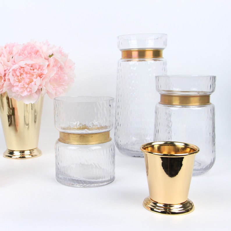 Gold Metallic Line Glass Vase and Ice Bucket Style Vase image 2