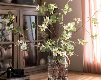 Faux Silk German Clematis Flower Stem in White 40" Tall