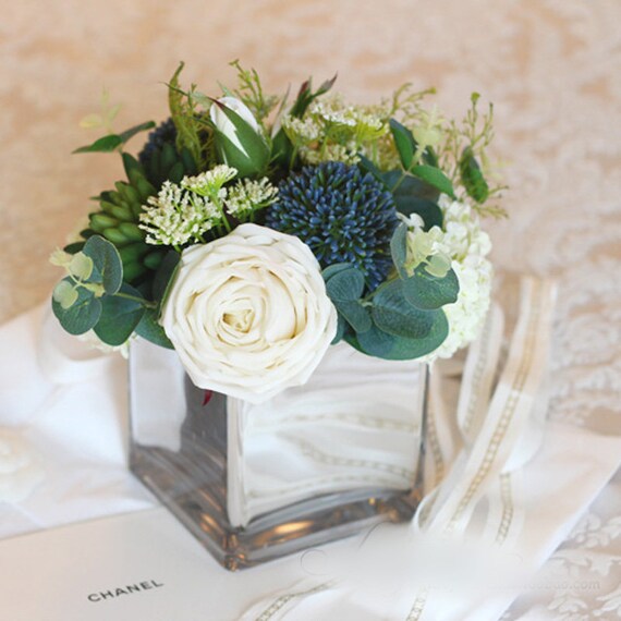 White Blue In Green Flower Arrangement In Glass Vase 9 Etsy