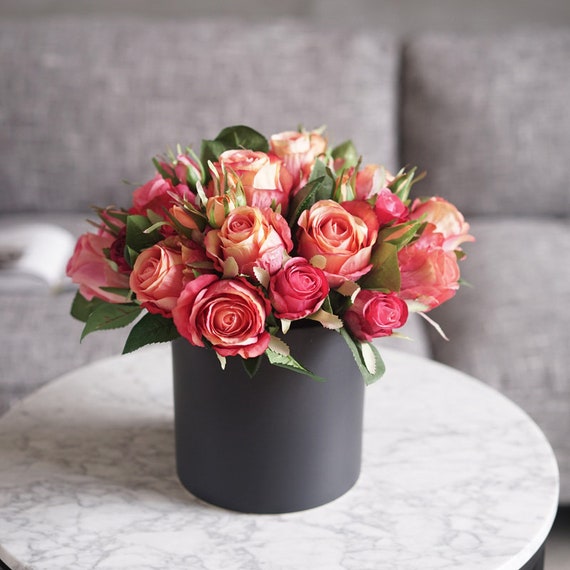 Artificial Red Roses In Black Vase 13 Tall Etsy