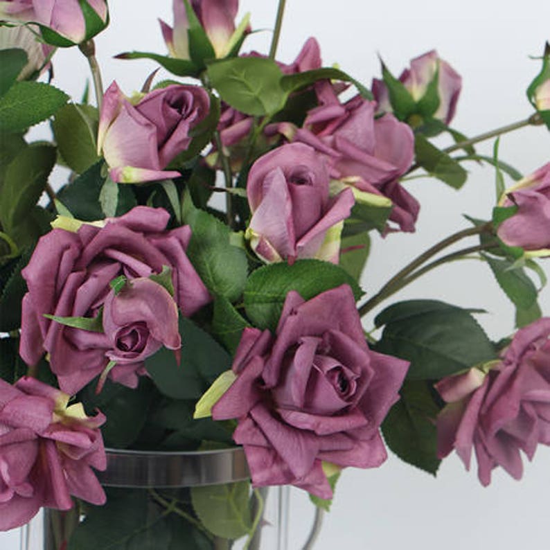 Luxury Real Touch 3 Rose Bloom Stem in Purple 33 Tall image 2