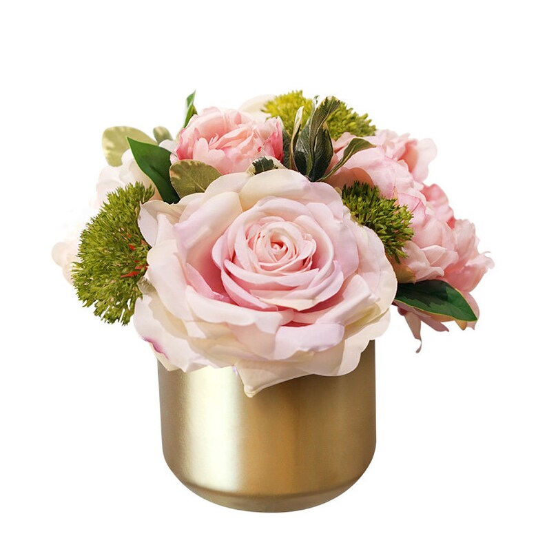 Pink Rose Peony Floral Arrangement in Gold Metal Vase image 3