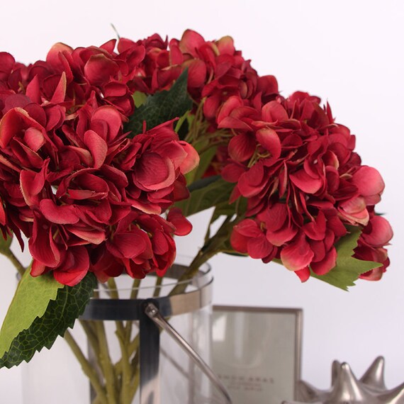 Luxury Silk Hydrangea Stem In Red 18 Tall Etsy