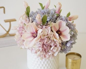 Pink Blue Hydrangeas Magnolia Floral Arrangement in Ceramic Vase
