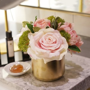 Pink Rose Peony Floral Arrangement in Gold Metal Vase image 1