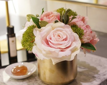 Pink Rose Peony Floral Arrangement in Gold Metal Vase