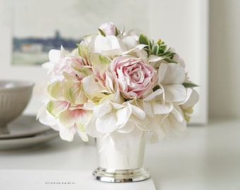 White Hydrangea Pink Rose Floral Arrangement in Silver Metal Vase