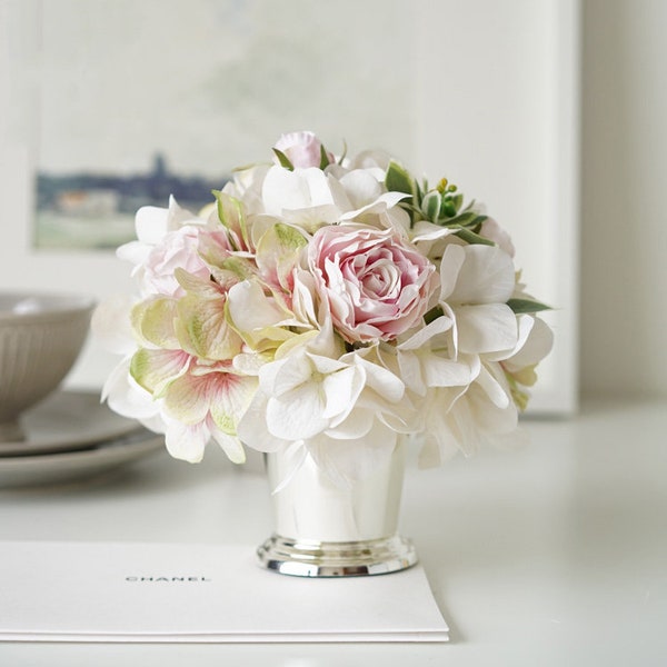 White Hydrangea Pink Rose Floral Arrangement in Silver Metal Vase