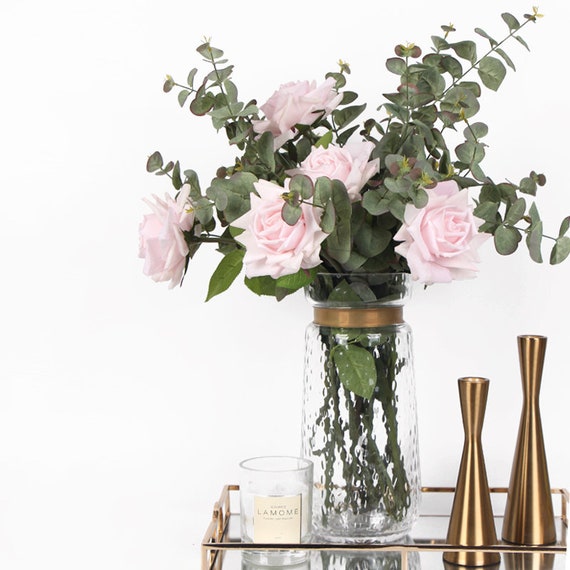 Luxury Real Touch Rose Eucalyptus in Glass Vase Set | Etsy