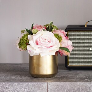 Pink Rose Peony Floral Arrangement in Gold Metal Vase image 2