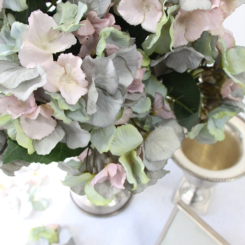 Luxury Silk 5 Hydrangea Bloom Bunch in Mixed Blue Pink and Green 18 Tall