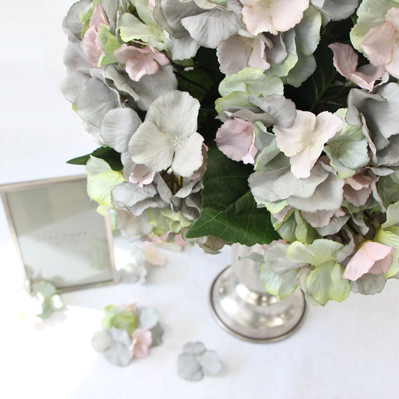 Luxury Silk 5 Hydrangea Bloom Bunch in Mixed Blue Pink and Green 18 Tall