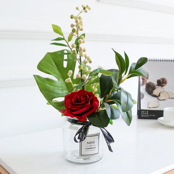 Flower Vase Set Greenery And Red Rose Flower In Vase Etsy