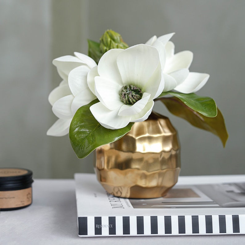 Artificial Magnolia Flower in Ceramic Gold Vase 8.6 Tall Etsy