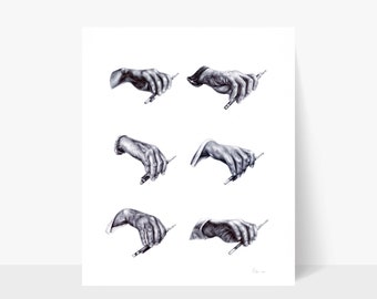 May include: A black and white drawing of six different hand positions holding a pencil.
