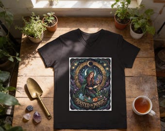Camiseta "Enraizada en la magia y la brujería": Camiseta de jardinería del bosque celestial