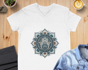 Camiseta con mandala de mano de Hamsa, camiseta de yoga estilo boho con loto y pavo real, meditación de protección espiritual.