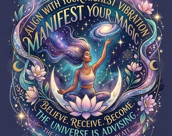 Lámina artística sobre la manifestación espiritual / Cita de meditación de yoga cósmico (descarga digital)