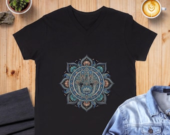 Camiseta con mandala de mano de Hamsa, camiseta de yoga estilo boho con loto y pavo real, meditación de protección espiritual.