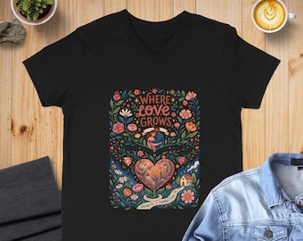 Camiseta "Donde crece el amor", camiseta con estampado floral y corazón para parejas.