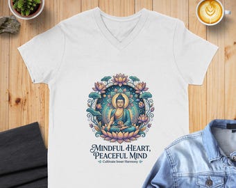Camiseta de yoga Mindful Heart, Buda y Loto para Meditación (Negro, Cuello en V, Tallas S-XL)