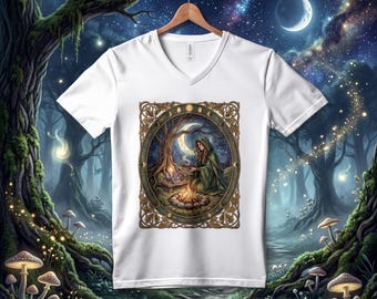Camiseta de Bruja del Bosque: Fases Lunares y Runas - Diseño de Altar Pagano