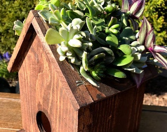 Succulent Birdhouse Planter - Green Roof Bird House Rustic Barn Wood Small Container Indoor Decorative Pot Fairy Garden like