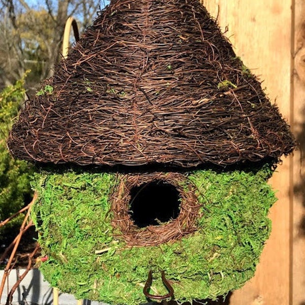 Natural MOSS & Stick Birdhouse - YURT shape with branching stick accent hanging Fairy like Bird House