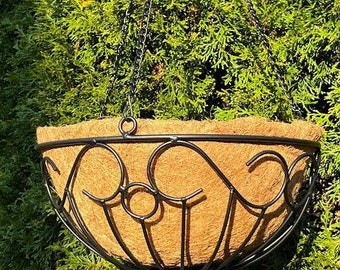 Metal Scroll 14" Hanging Basket Planter - Black Scroll Victorian Design Patio Flowers Plants Herbs Container